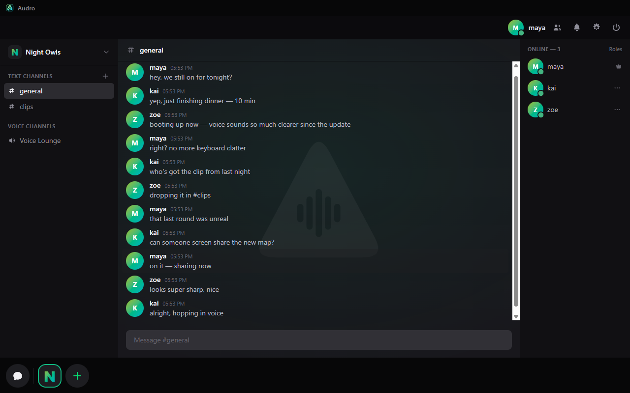Audro app: a text channel with live voice, member list and server rail